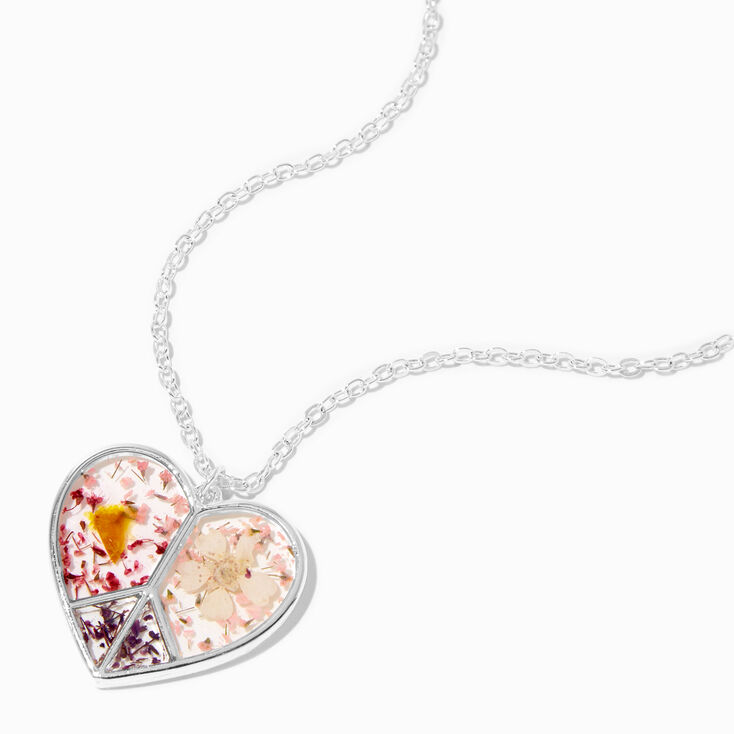 Heart Pressed Flower Peace Sign Pendant Necklace,