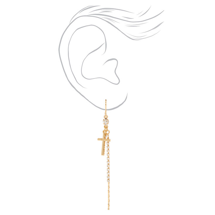 Gold Cross Linear Crystal 3&quot; Drop Earrings,