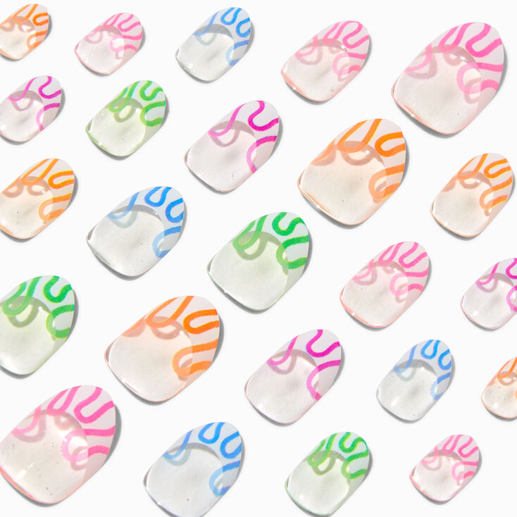 Rainbow Squiggle French Stiletto Press On Vegan Faux Nail Set - 24 Pack,