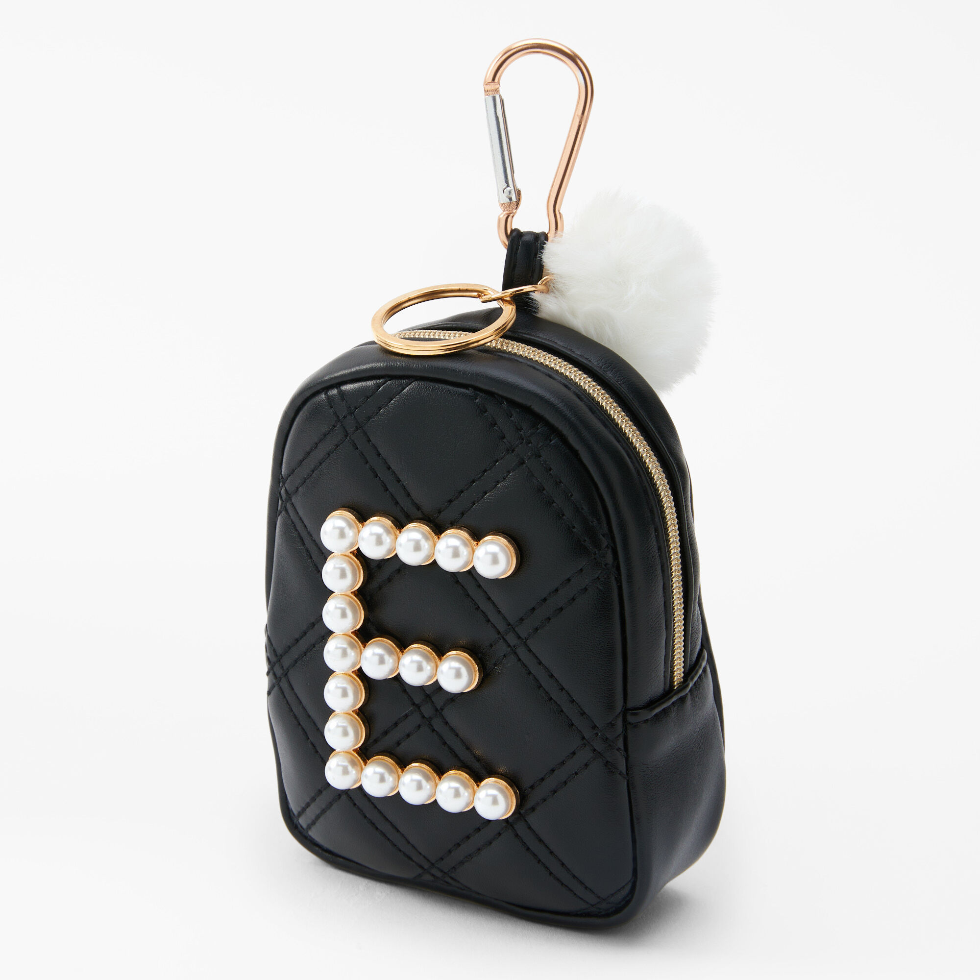 Claire's Porte-clés mini sac à dos perles d'imitation à initiale - Noir, E