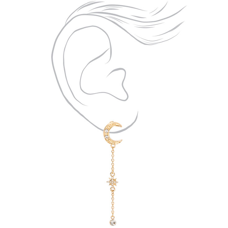 Gold 2.5&quot; Linear Moon Star Drop Earrings,