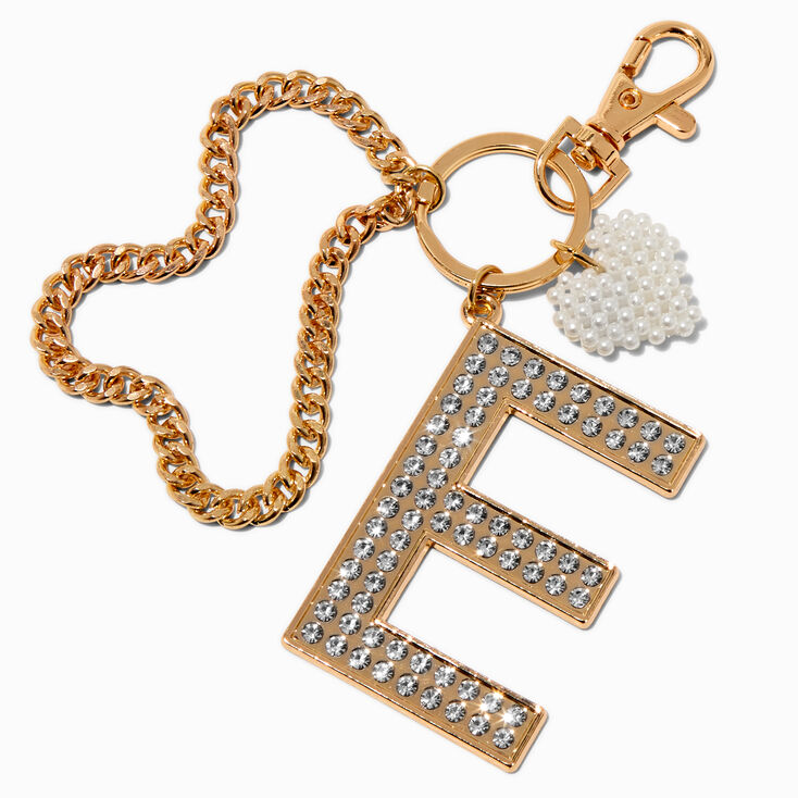 Gold-tone Bedazzled Initial Keychain - E,
