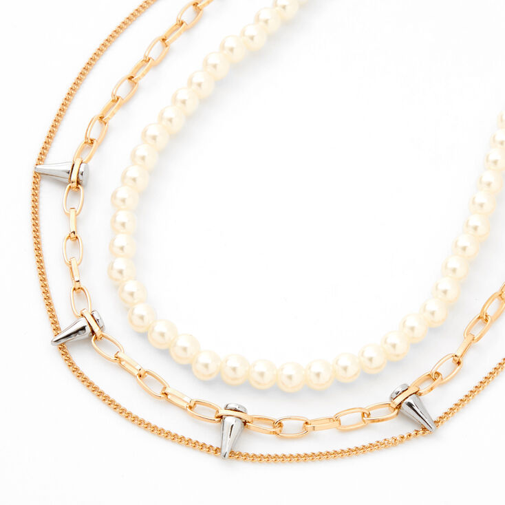 Gold Pearls and Spikes Three-Row Choker Necklace,