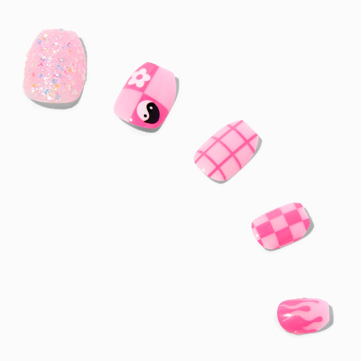 Pink Checkered Coffin Press On Vegan Faux Nail Set - 24 Pack,