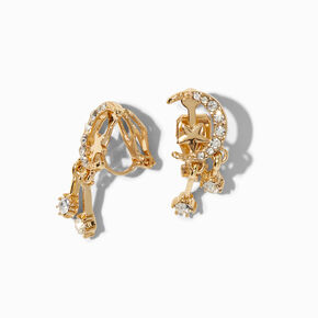 Gold-tone 1&quot; Crescent Moon Star Clip-On Earrings,