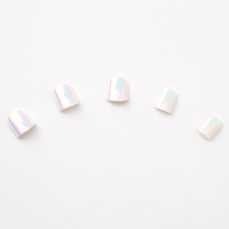 Holographic White Square Press On Faux Nail Set - 24 Pack,