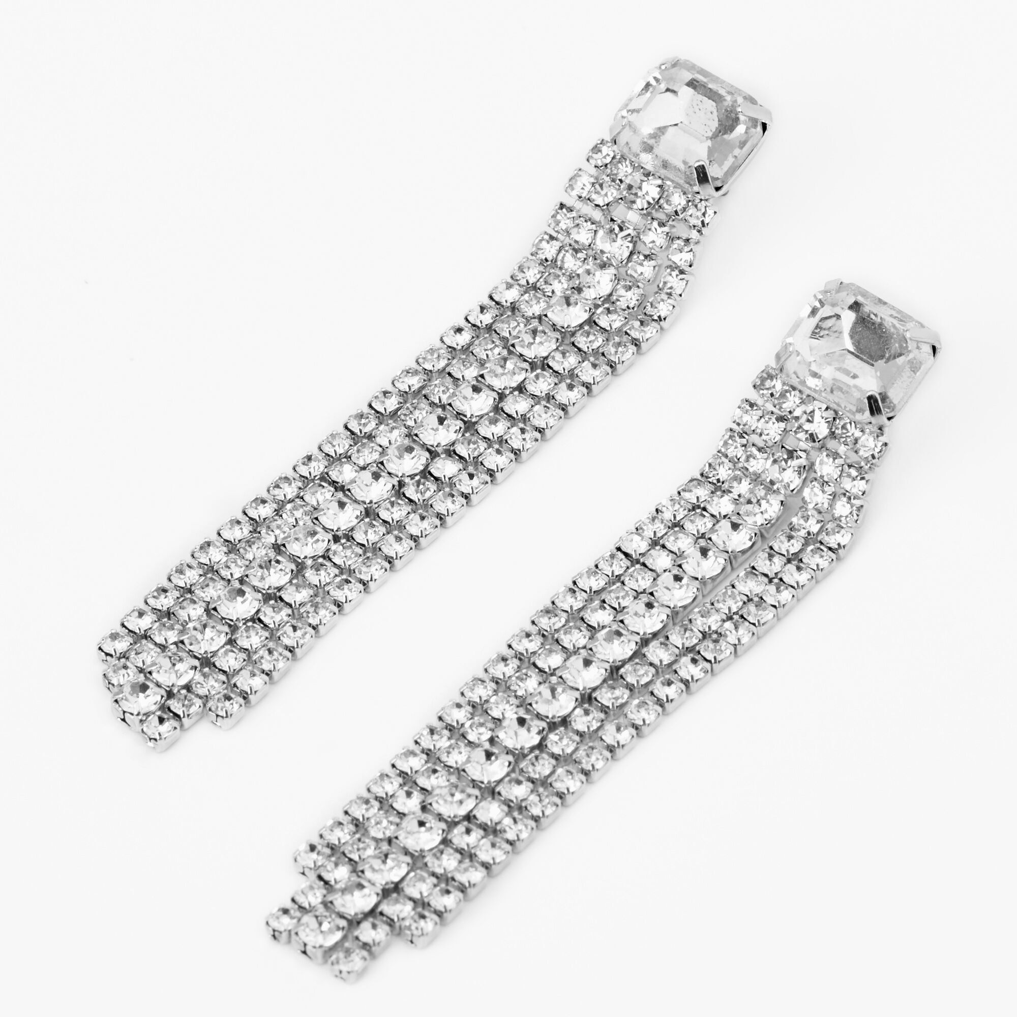 View Claires Tone Square Rhinestone Linear Fringe 3 Drop Earrings Silver information