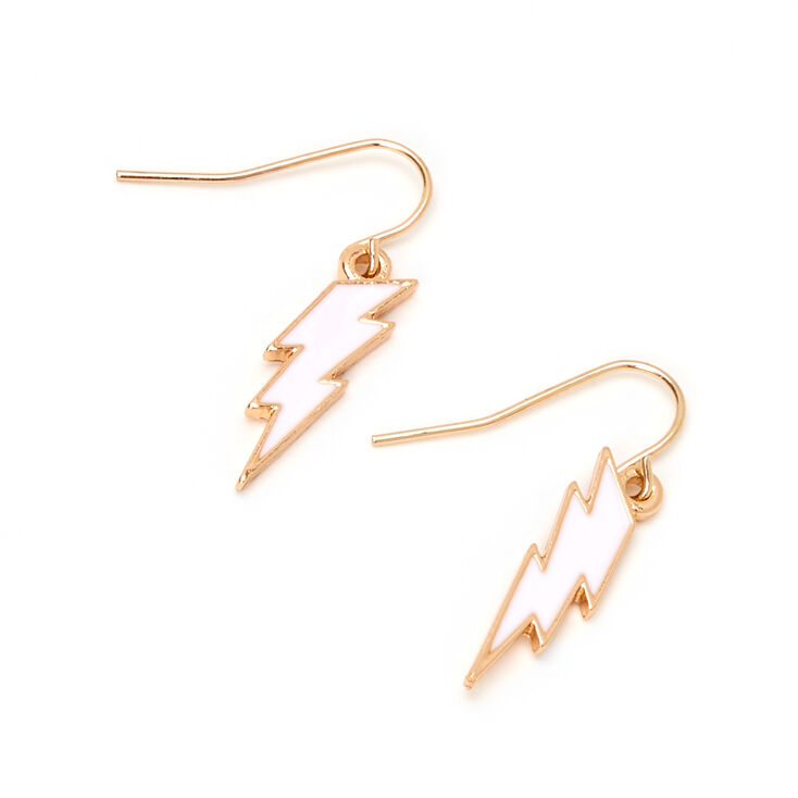 Gold 1&quot; Lightning Bolt Drop Earrings - White,