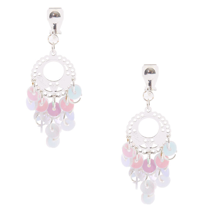 1.5&quot; Iridescent Sequin Chandelier Clip On Drop Earrings,