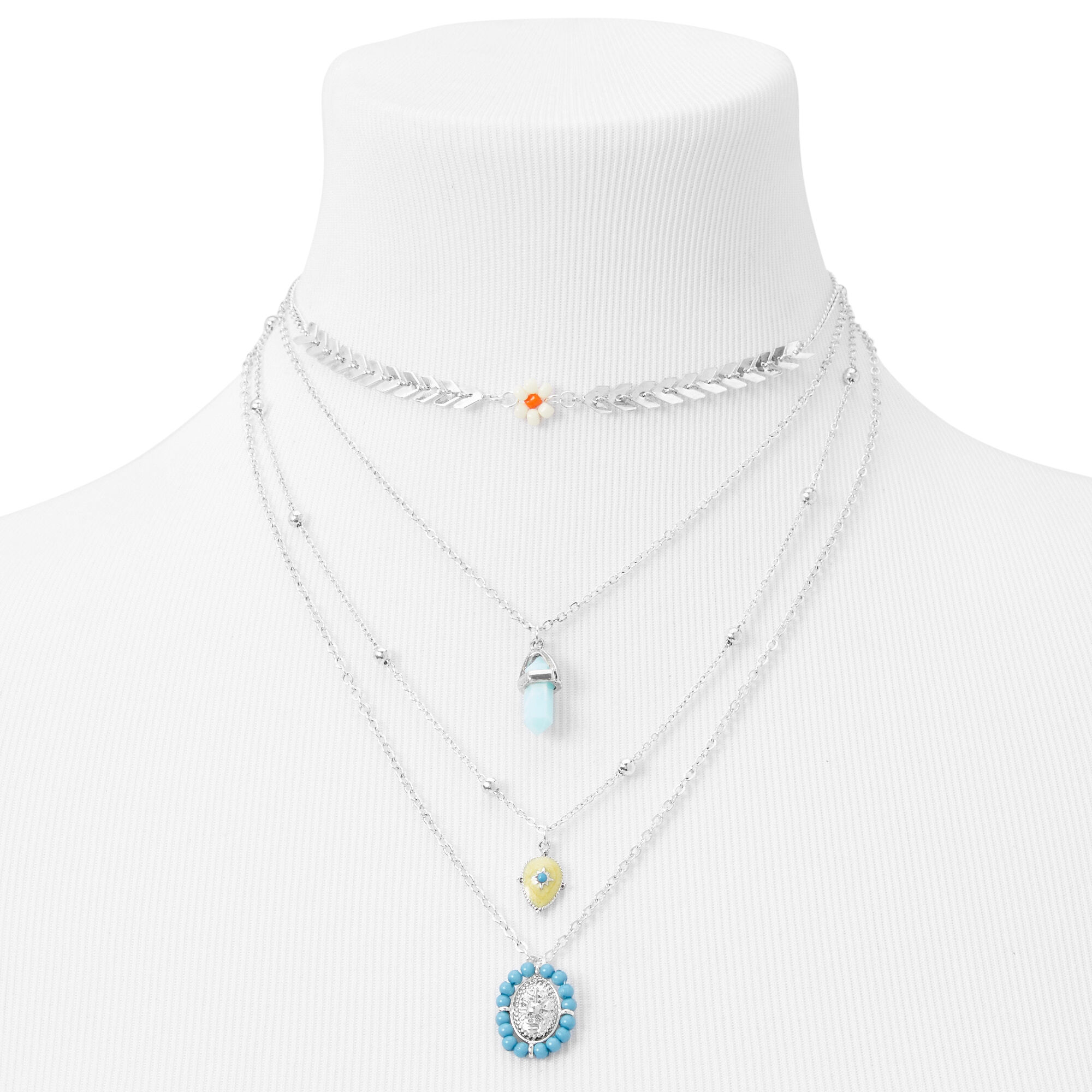 Silver Chevron Multi Strand Pendant Necklace - Blue,