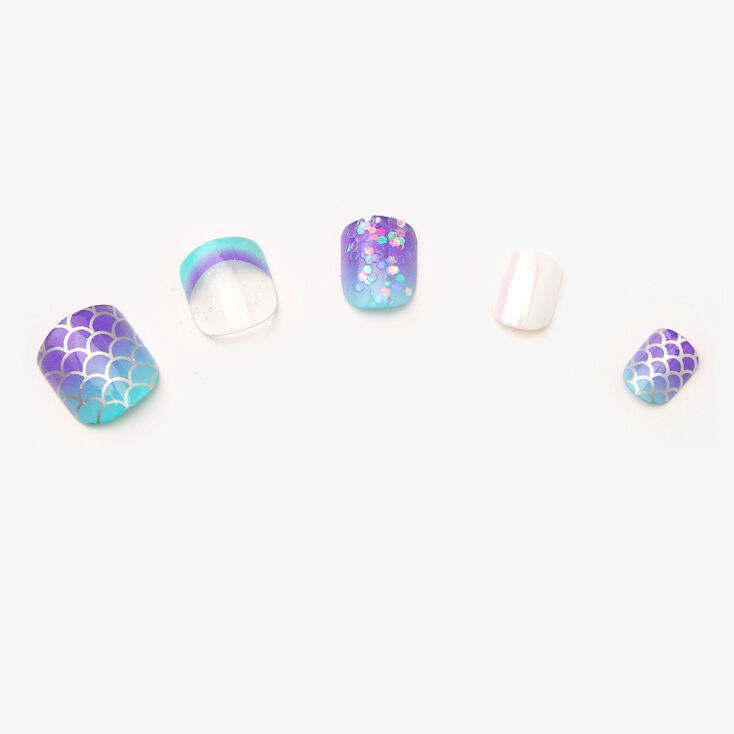 Mermaid Square Press On Faux Nail Set - Holographic, 24 Pack,