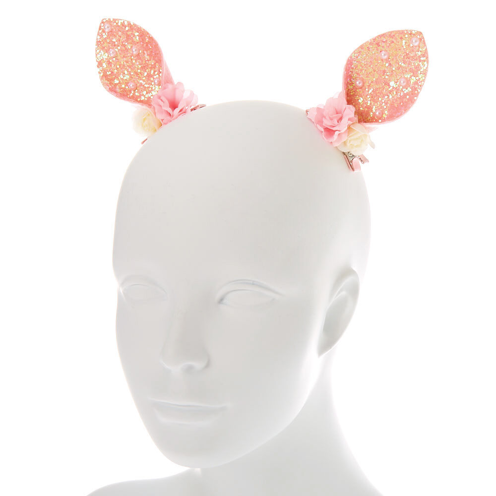 Floral Glitter Bunny Ear Hair Clips - Pink, 2 Pack,