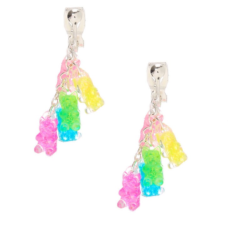 1&quot; Rainbow Gummy Bear Clip On Drop Earrings,