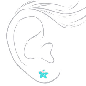Sterling Silver Happy Face Starfish Stud Earrings - Teal,