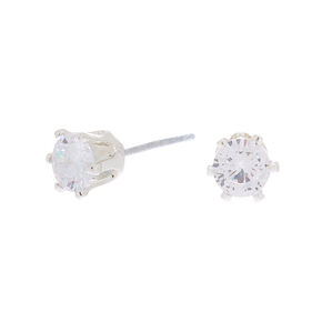 Silver Cubic Zirconia Round Stud Earrings - 5MM,