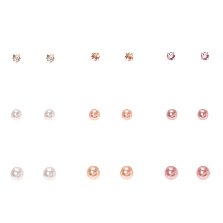 Girly Crystal Pearl Graduated Stud Earrings - 9 Pack,