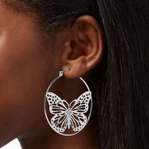 Silver-tone Filigree Butterfly 50mm Hoop Earrings ,