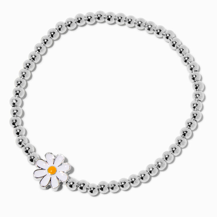 Daisy Charm Silver-tone Shot Bead Stretch Bracelet,