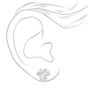 Silver-tone Cubic Zirconia 10mm Paw Print Clip-On Earrings,