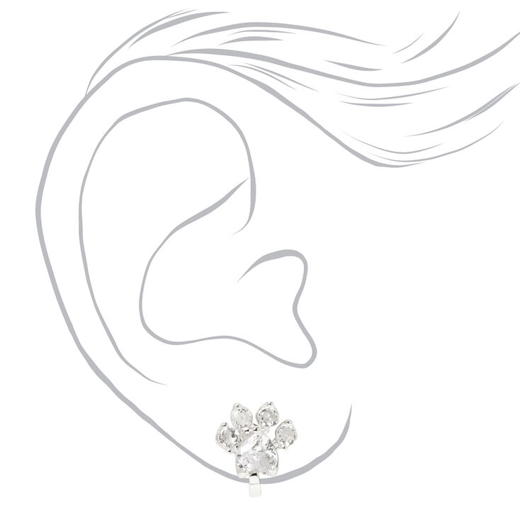 Silver-tone Cubic Zirconia 10mm Paw Print Clip-On Earrings,