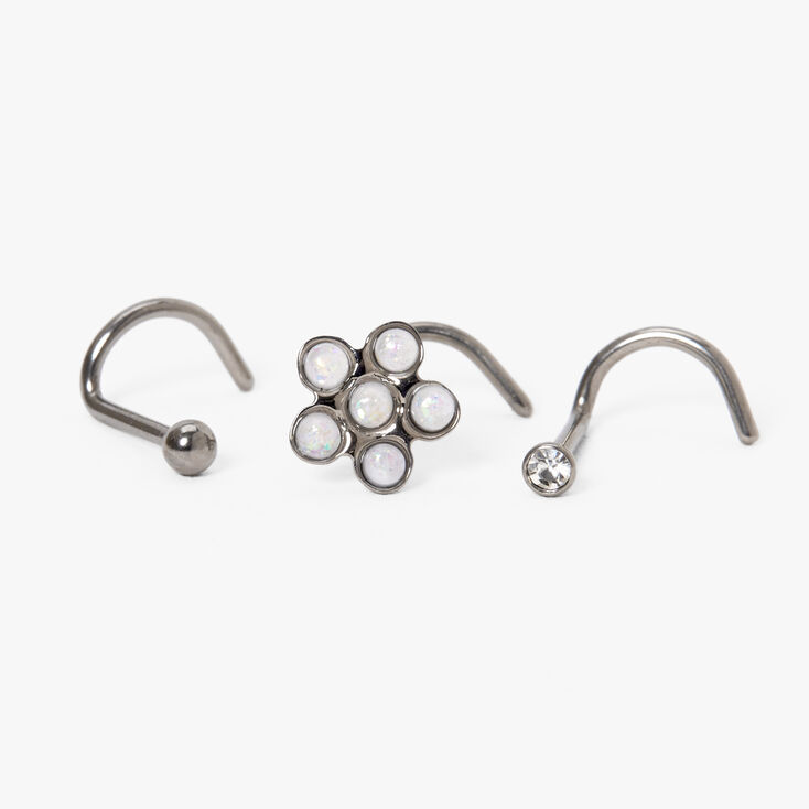 Silver Titanium 20G Opal Flower Nose Studs - 3 Pack,