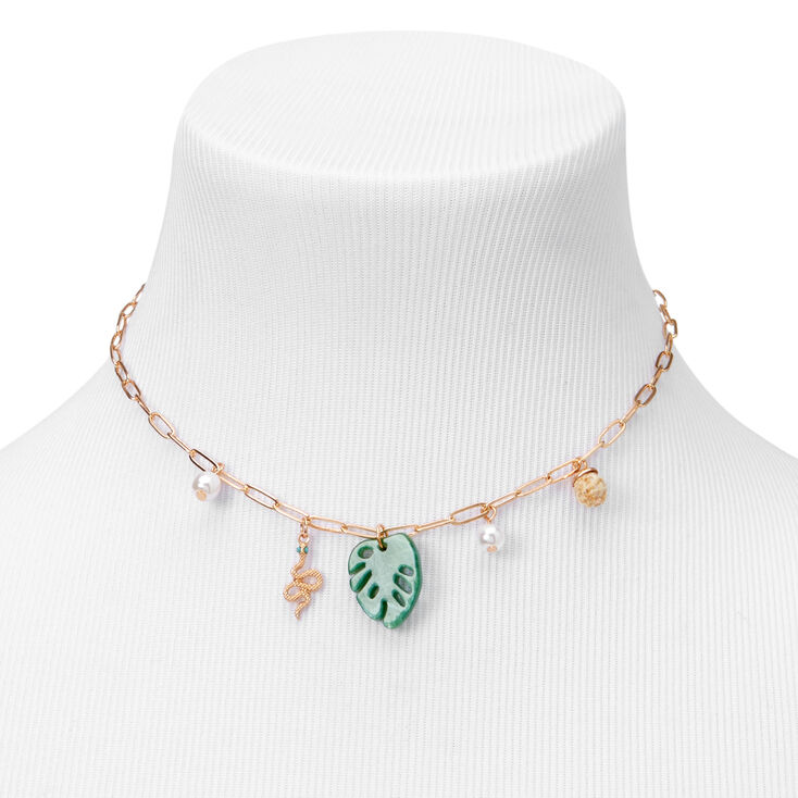 Gold Tropical Palm Charm Choker Necklace,