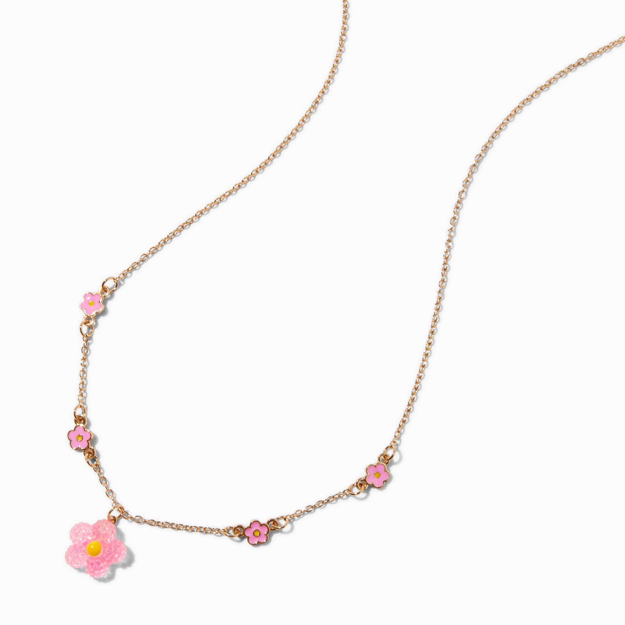 Pink Textured Daisy Gold-tone Pendant Necklace,