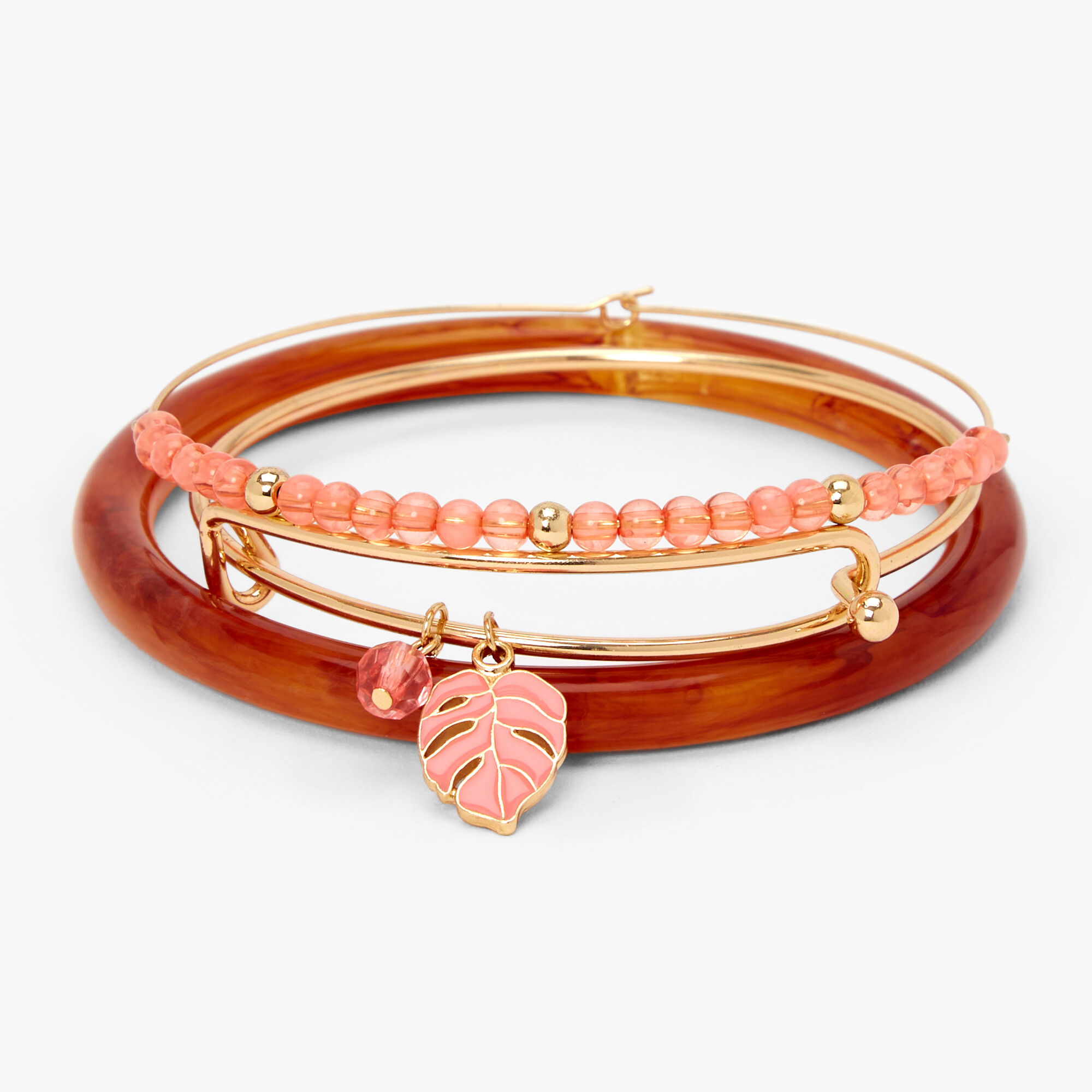 Gold & Pink Tropical Palm Leaf Bangle Bracelets - 3 Pack,