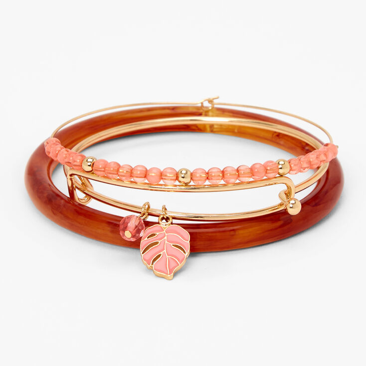 Gold &amp; Pink Tropical Palm Leaf Bangle Bracelets - 3 Pack,