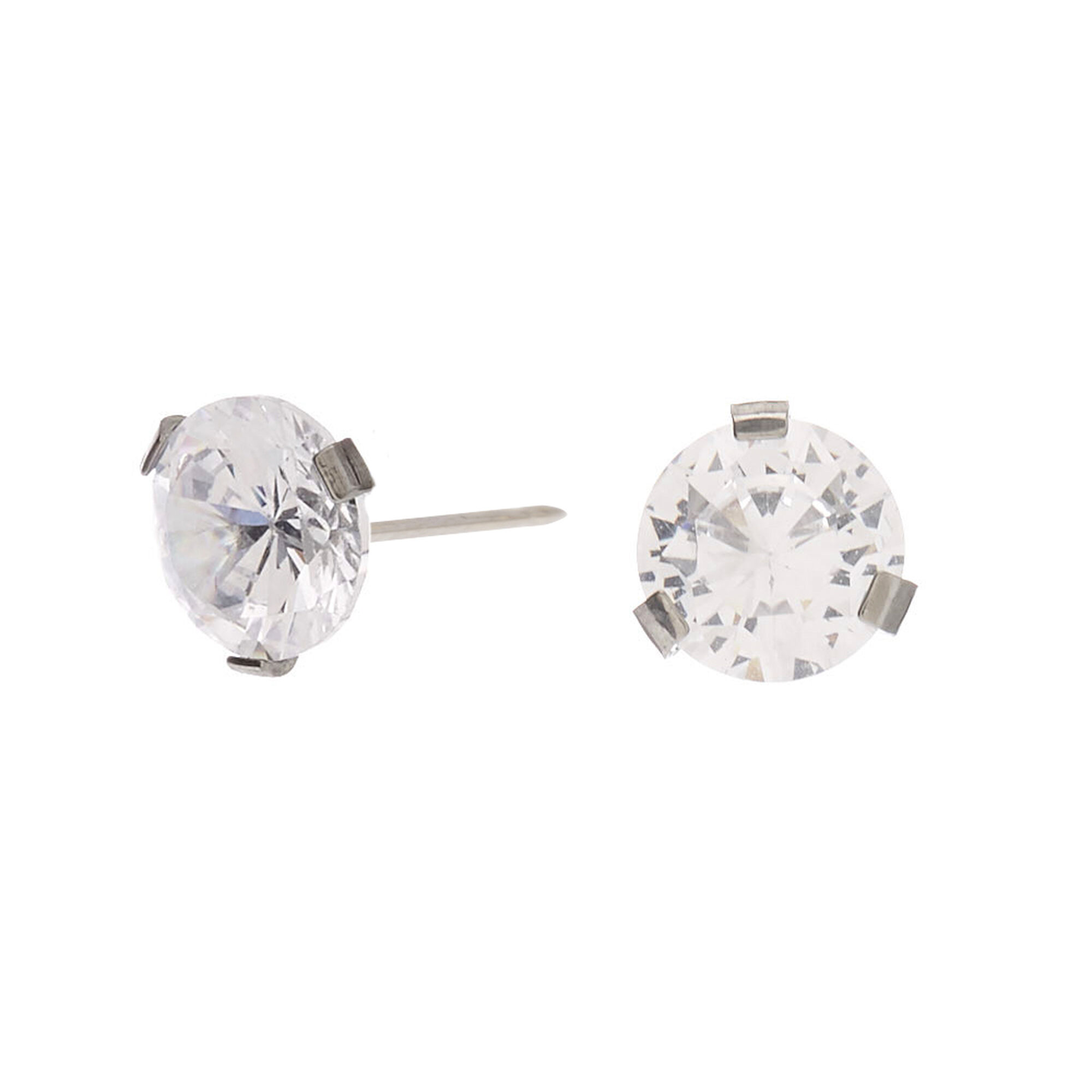 Silver Titanium Cubic Zirconia 7MM Round Stud Earrings | Claire's US
