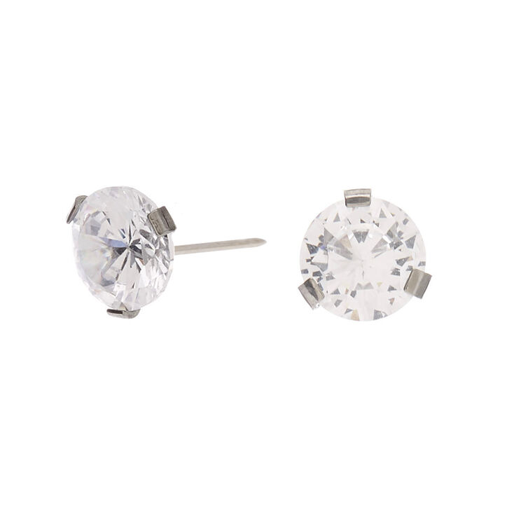 Silver Titanium Cubic Zirconia Round Stud Earrings - 7MM,