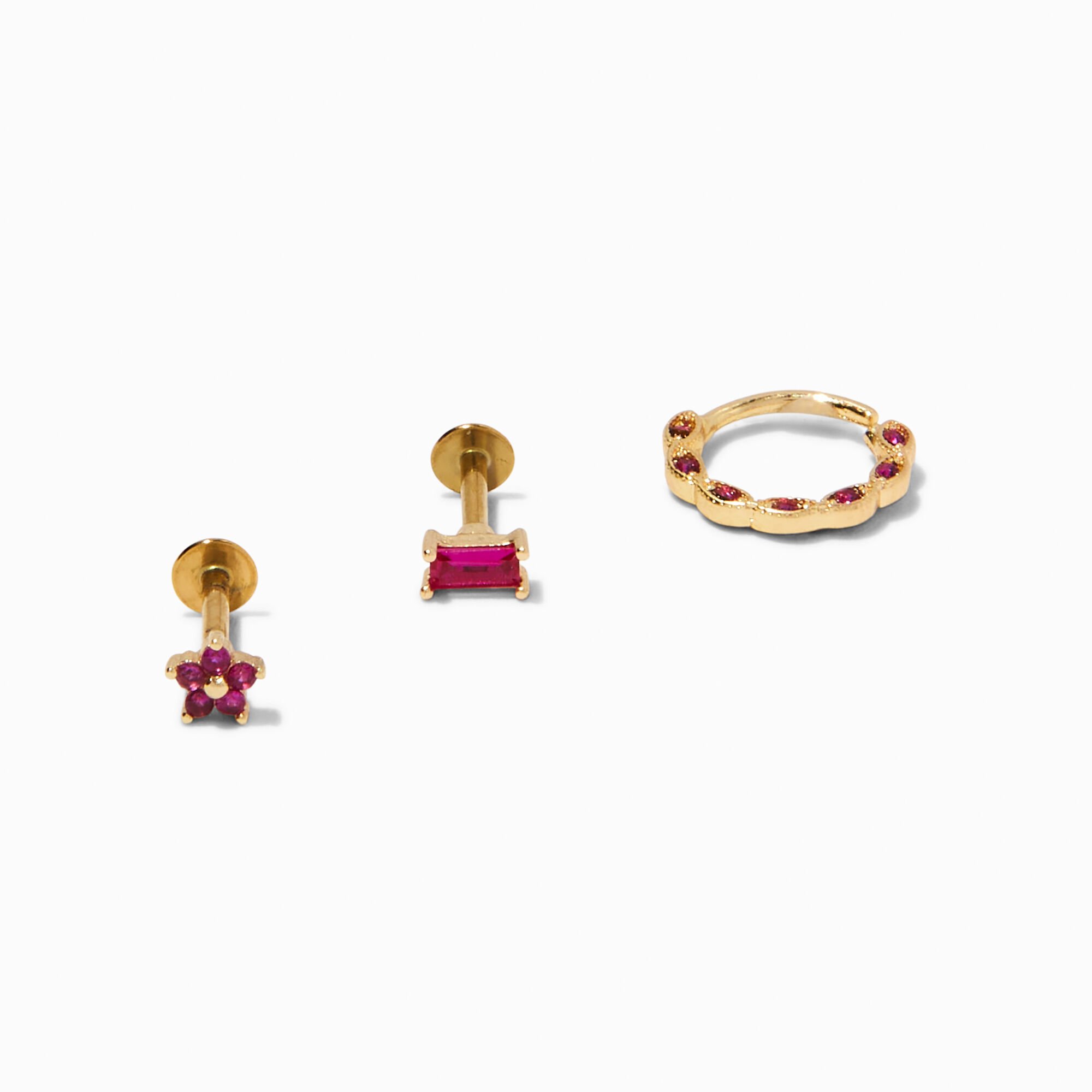 View Claires Gold 16G Flower Baguette Helix Earrings 3 Pack Pink information