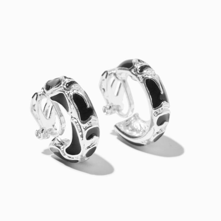 Black Enamel Silver-tone 10mm Clip-On Hoop Earrings,