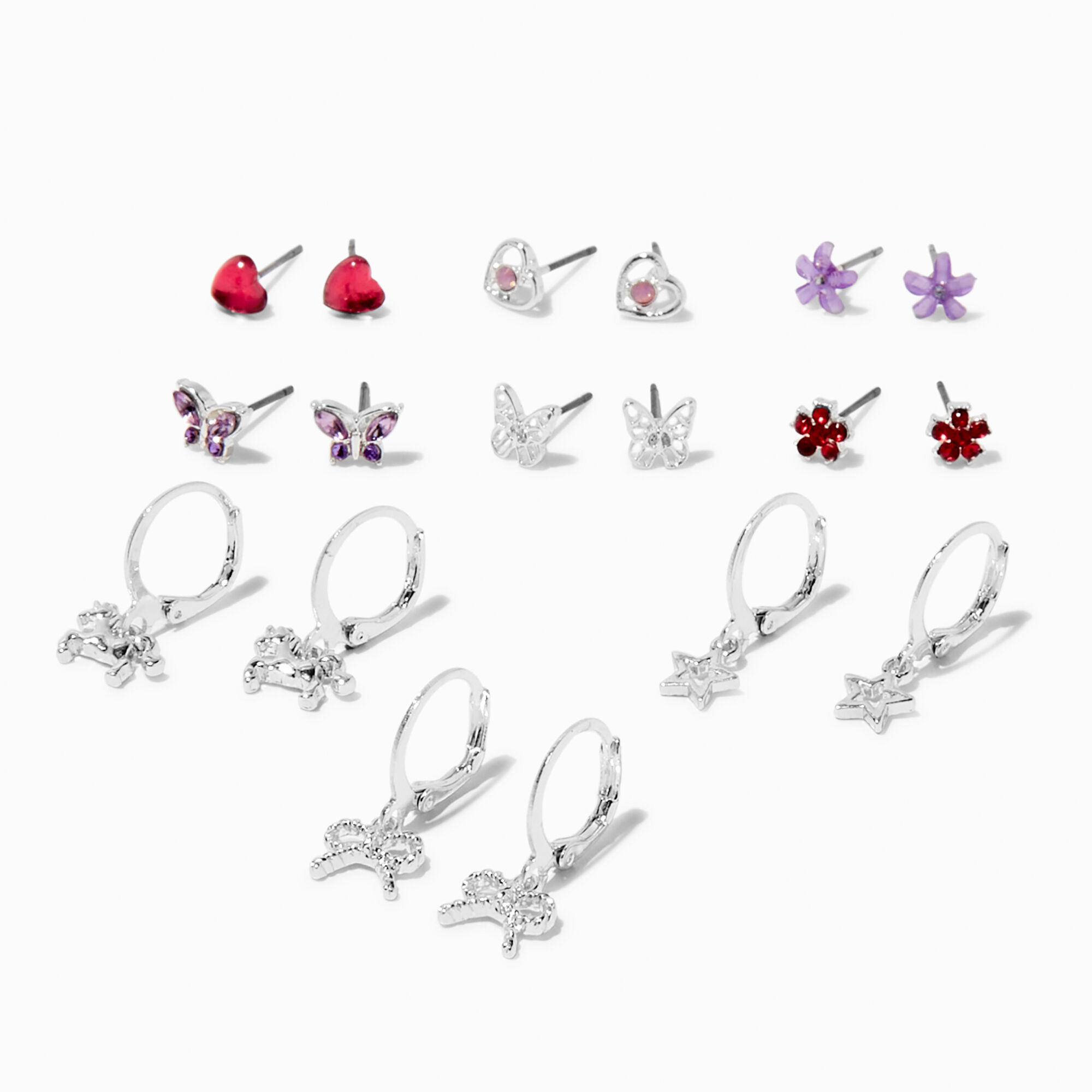 Silver tone Butterflies Flowers Mixed Earring Set 9 Pack