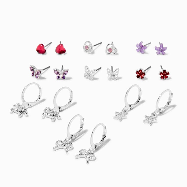Silver-tone Butterflies & Flowers Mixed Earring Set - 9 Pack