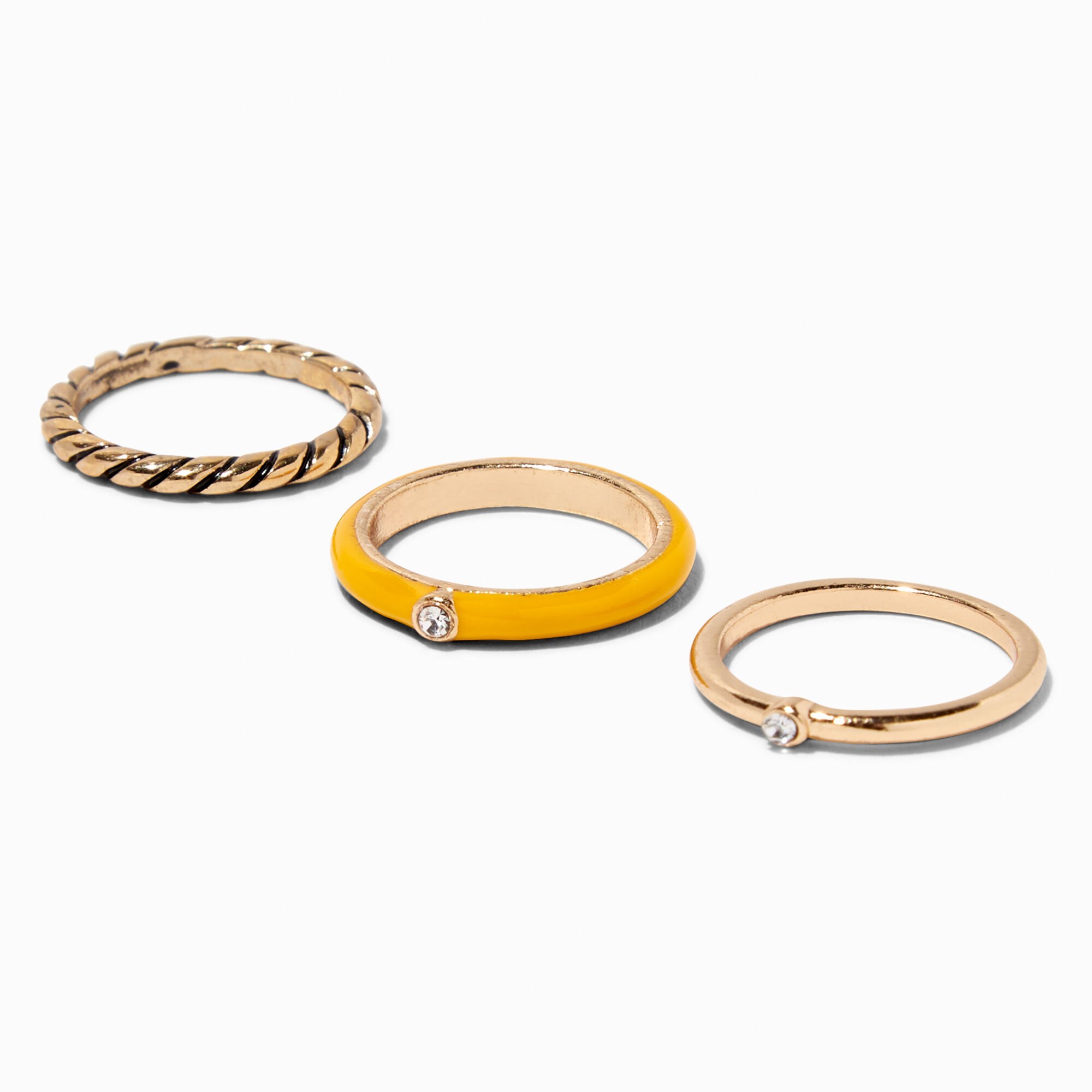 View Claires Enamel Gold Embellished Ring Set 3 Pack Yellow information