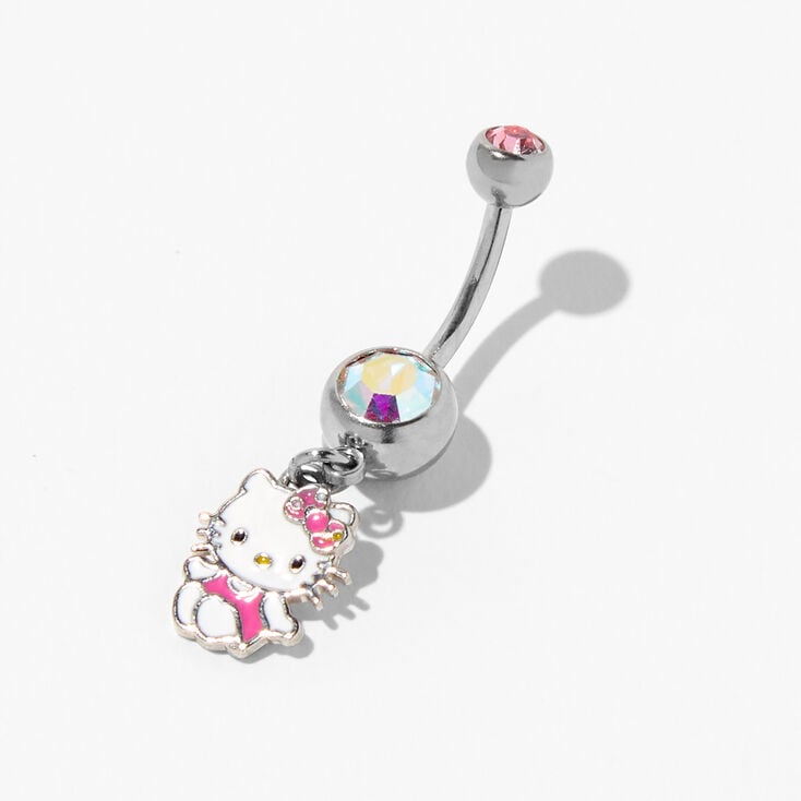 Hello Kitty&reg; Silver-tone 14G Iridescent Stone Charm Belly Ring,