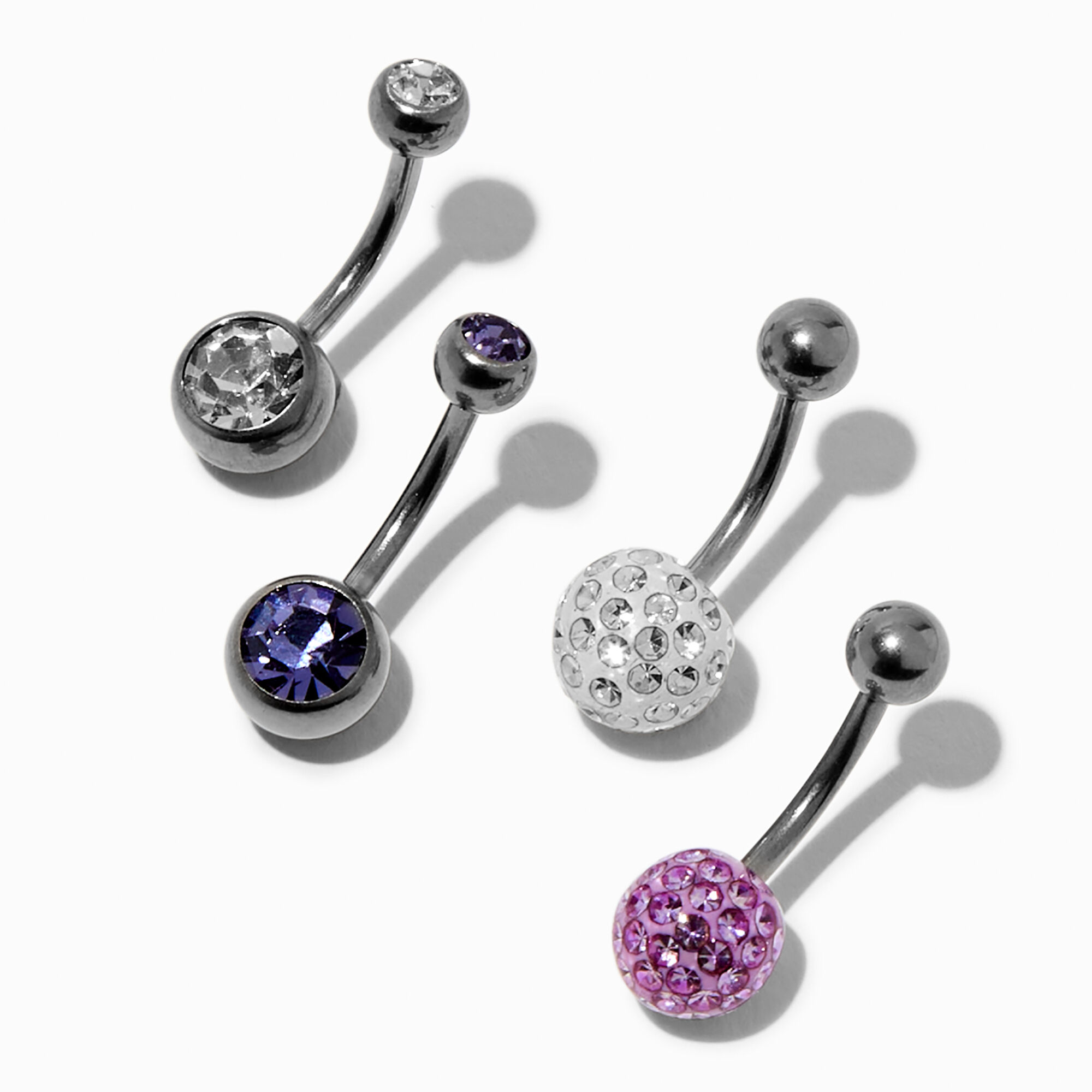View Claires SilverTone Fireball 14G Belly Bars 4 Pack Purple information