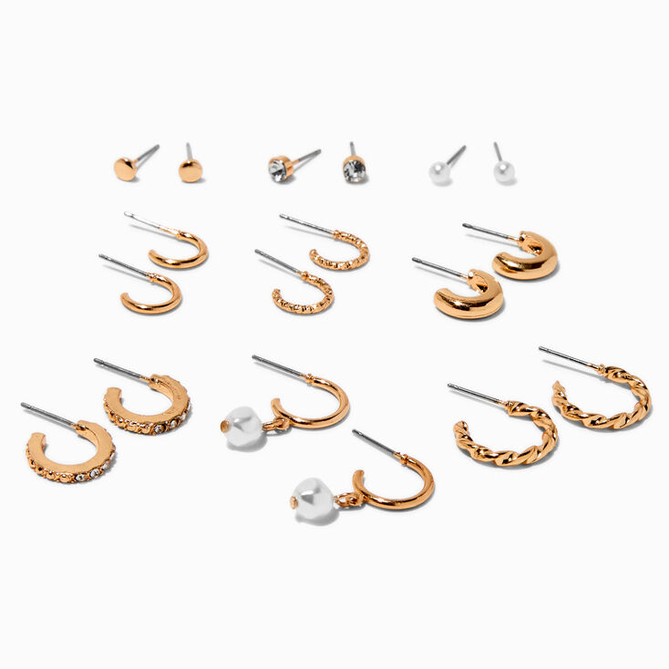 Gold-tone Mixed Textured Hoop &amp; Stud Earrings - 9 Pack,