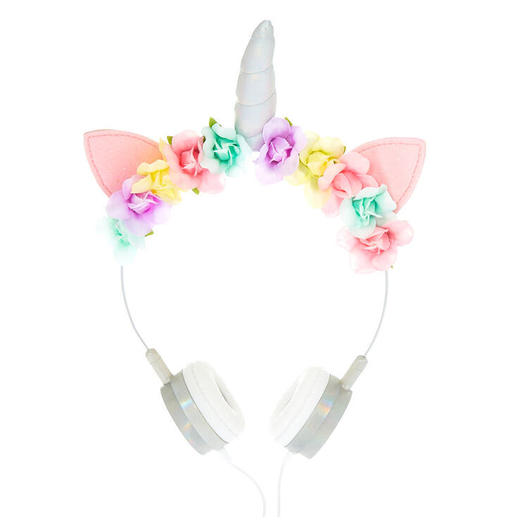 Casque audio motif floral licorne couleur argent&eacute;,