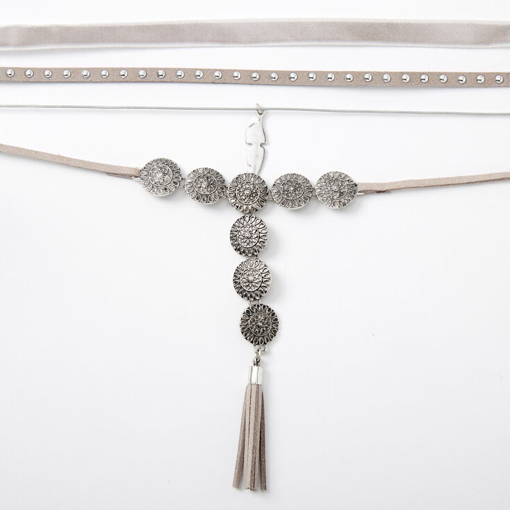 Silver Studded Medallion Choker Necklaces - Grey, 4 Pack,