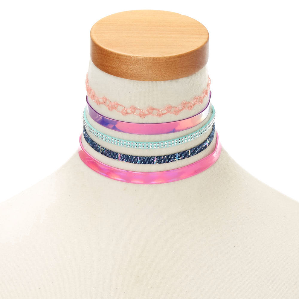 Mixed Media Choker Necklaces - Pink, 5 Pack,