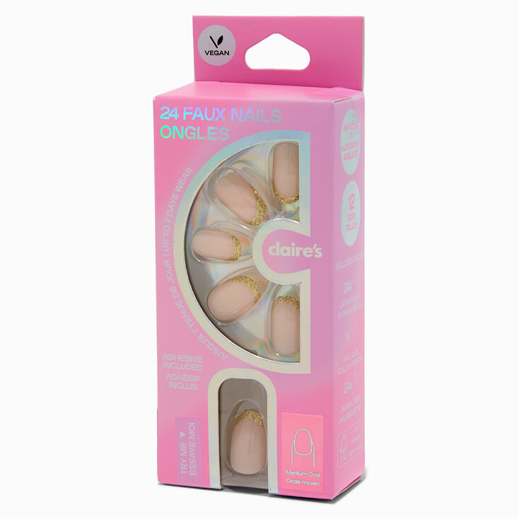Gold Glitter French Tip Medium Oval Vegan Faux Nail Set - 24 Pack,
