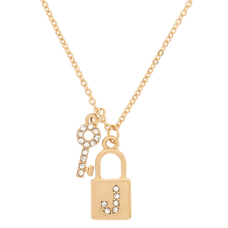 Gold Lock & Key Initial Pendant Necklace - J | Claire's US