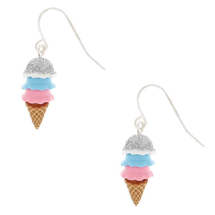 Silver 1&quot; Glitter Ice Cream Cone Drop Earrings,
