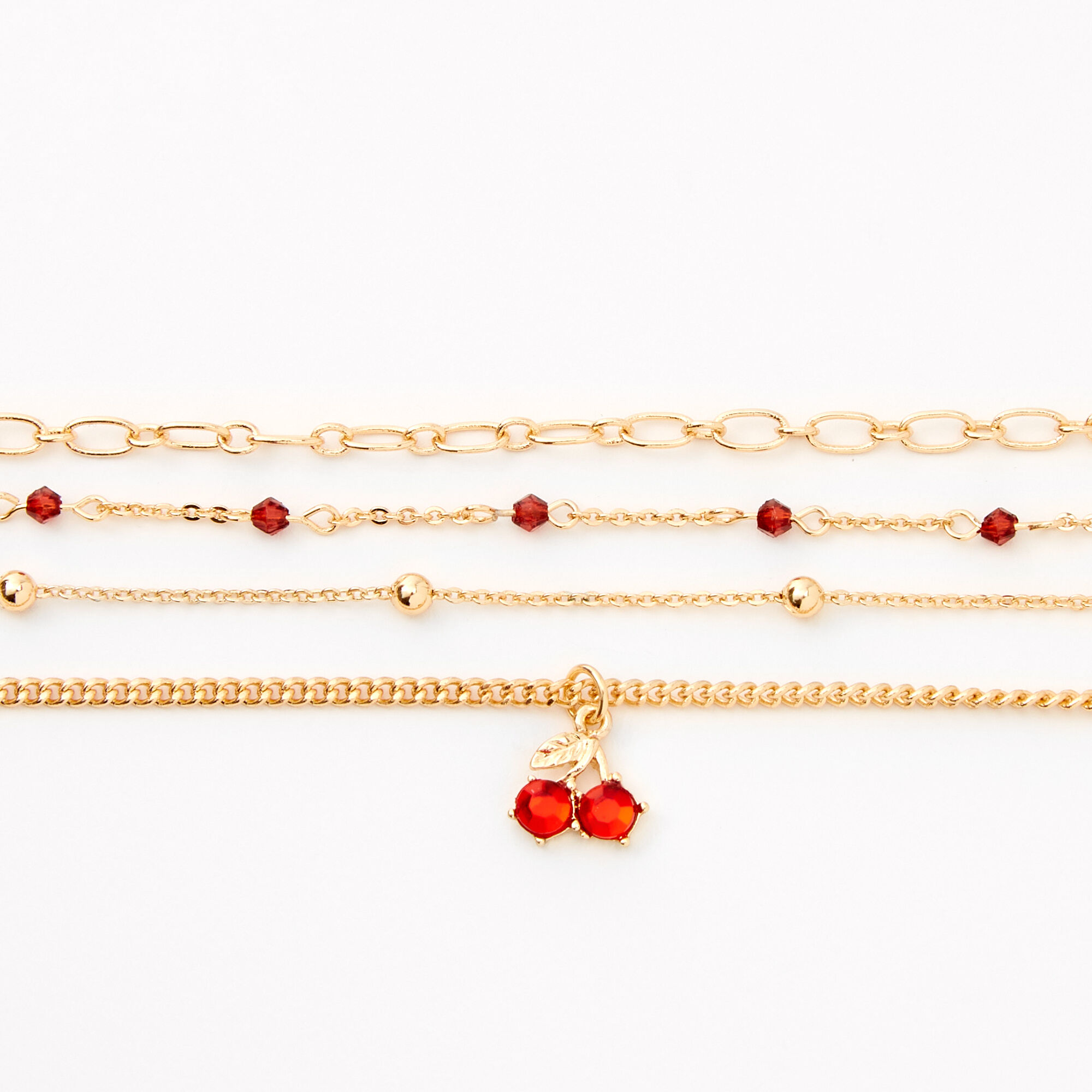 Gold Cherry Beaded Chain Bracelets - Red, 4 Pack,