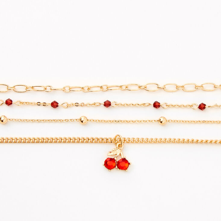 Gold Cherry Beaded Chain Bracelets - Red, 4 Pack,