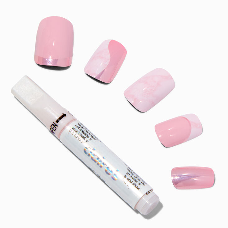 Pink Marble &amp; Metallic Mid Square Vegan Faux Nail Set - 24 Pack,