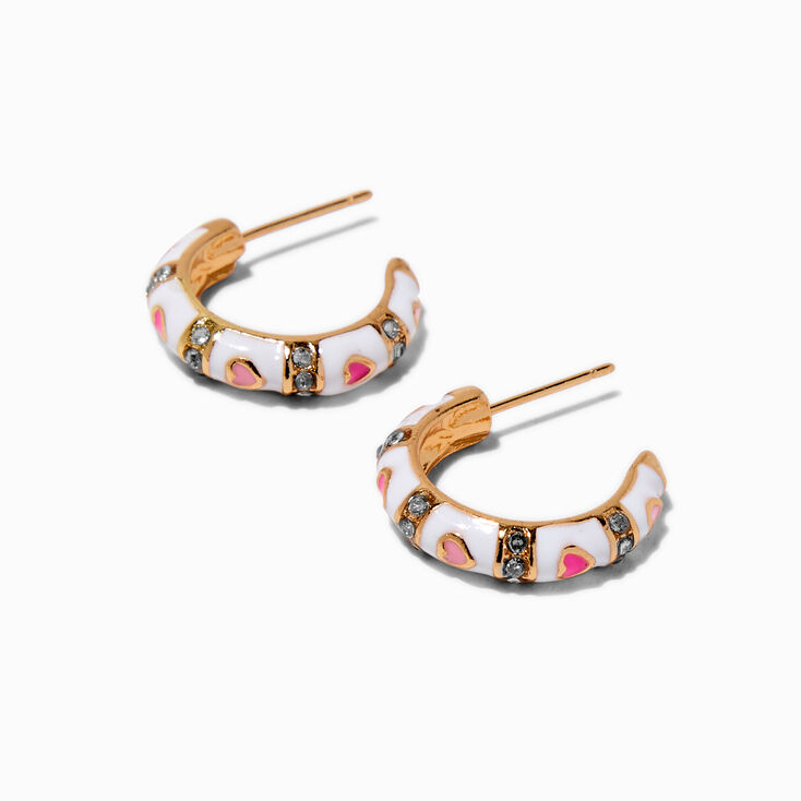 Pink &amp; White Enamel Heart Gold-tone Half Hoop Earrings,