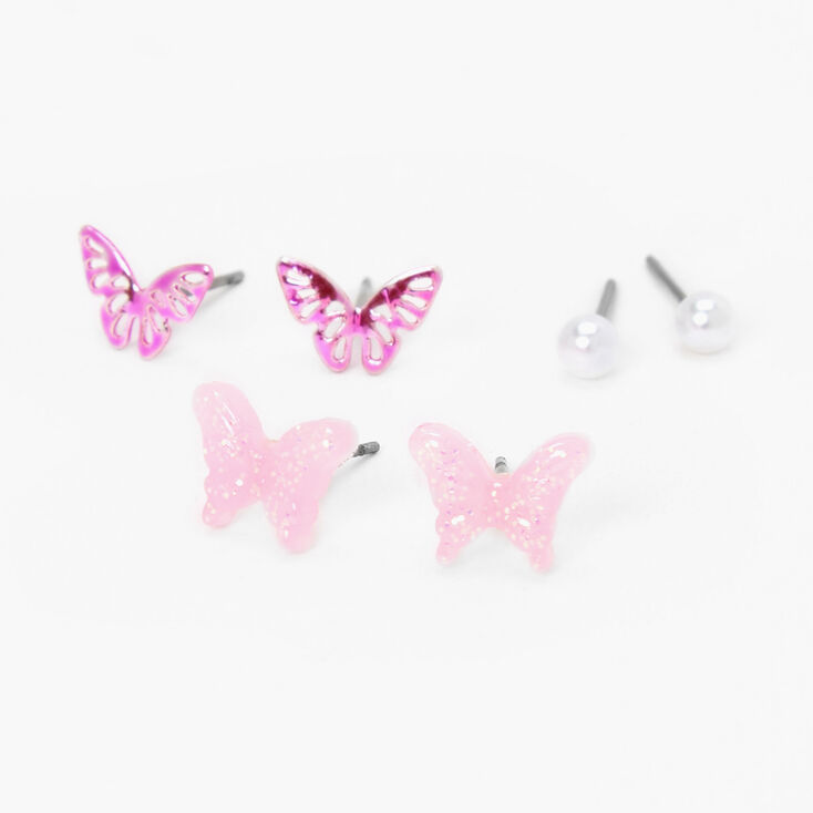 Pink Butterfly & Pearl Stud Earrings - 3 Pack | Claire's US